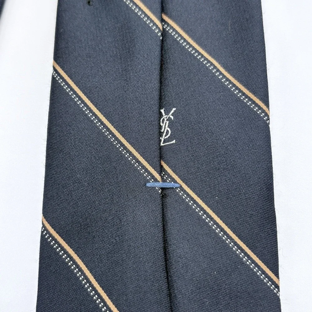 Yves Saint Laurent Tie Mens Black Tan Stripe YSL Logo 3